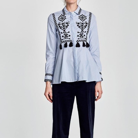 ZARA Striped Shirt With Tassels and Embroidery - Picture 2 of 12